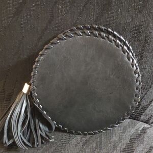 Black Round Leather Crossbody Bag with Tassel